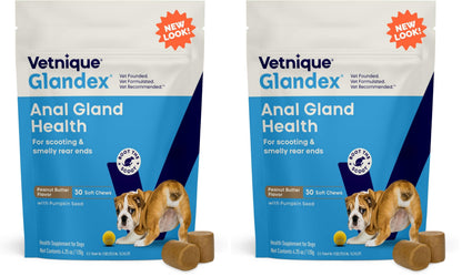 Vetnique Glandex Anal Gland Soft Chew Treats with Pumpkin for Dogs Digestive Enzymes, Probiotics Fiber Supplement for Dogs Boot The Scoot (Advanced Strength Duck/Bacon, 60 Ct)
