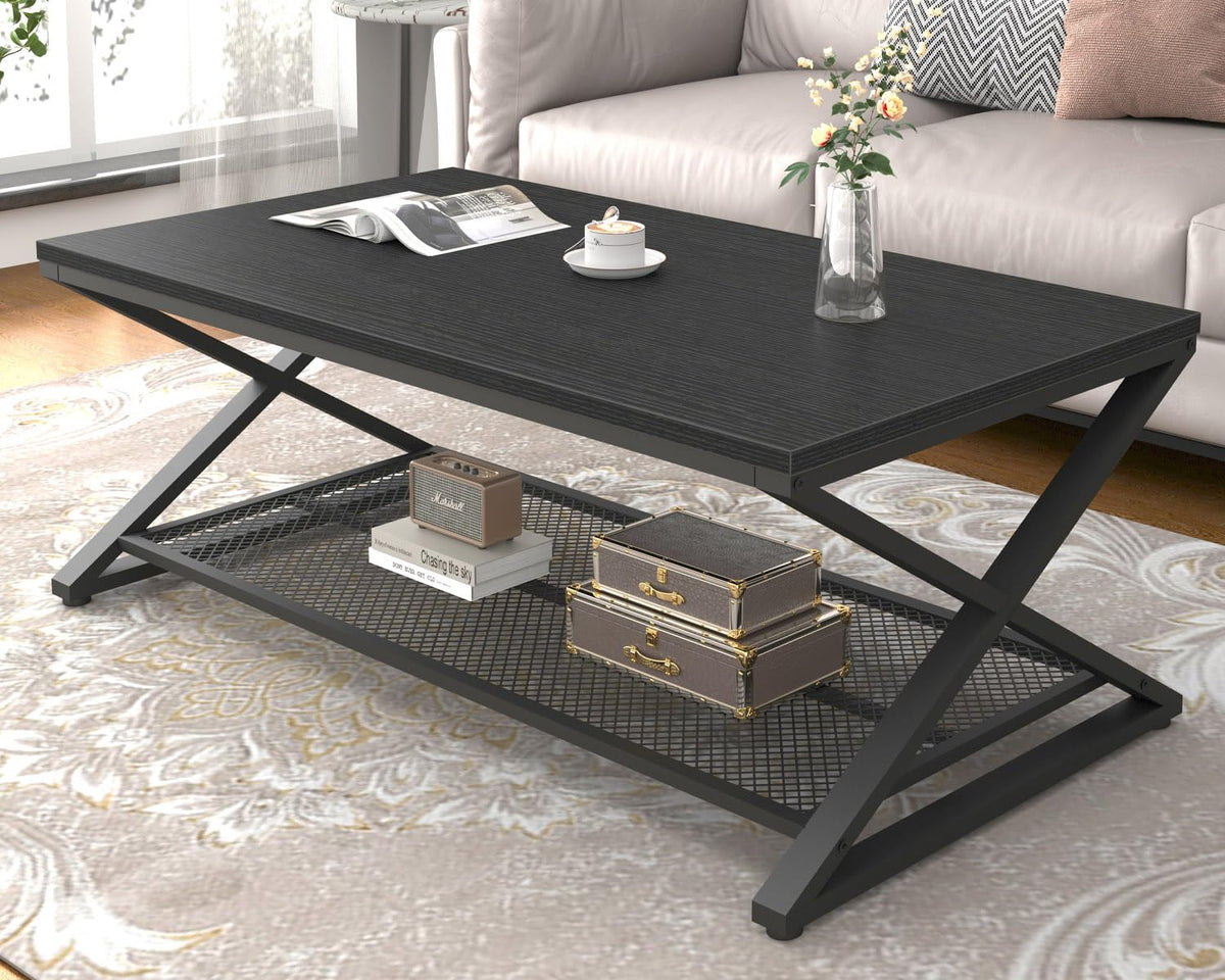 LVB Rustic Coffee Table with Storage, Industrial Wood Metal 2 Tier Center Living Room Table with Mesh Shelf, Farmhouse Wooden Low Rectangle Cocktail Tea Table for Office Bedroom, 47 inch, Rustic Brown