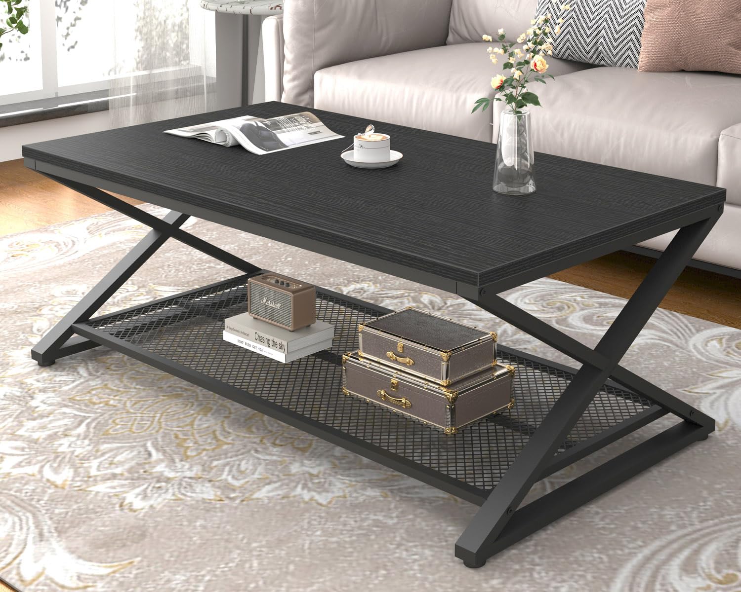 LVB Rustic Coffee Table with Storage, Industrial Wood Metal 2 Tier Center Living Room Table with Mesh Shelf, Farmhouse Wooden Low Rectangle Cocktail Tea Table for Office Bedroom, 47 inch, Rustic Brown