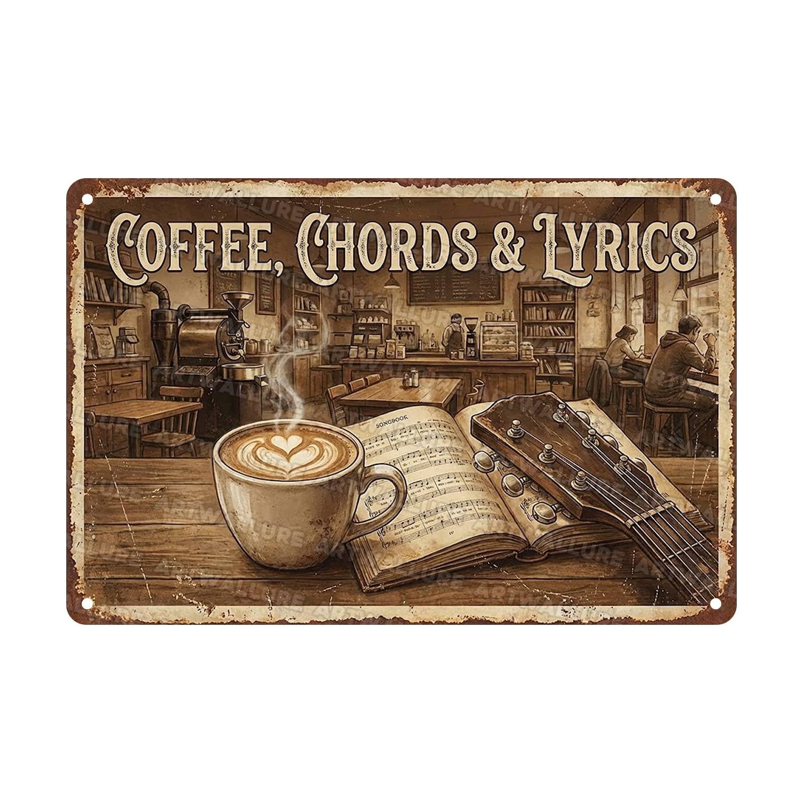 Acoustic Guitar Metal Tin Sign Nature Scenery Music Decor Vintage Wall Art Gift for Guitar Player Camping Lover 8x12Inch