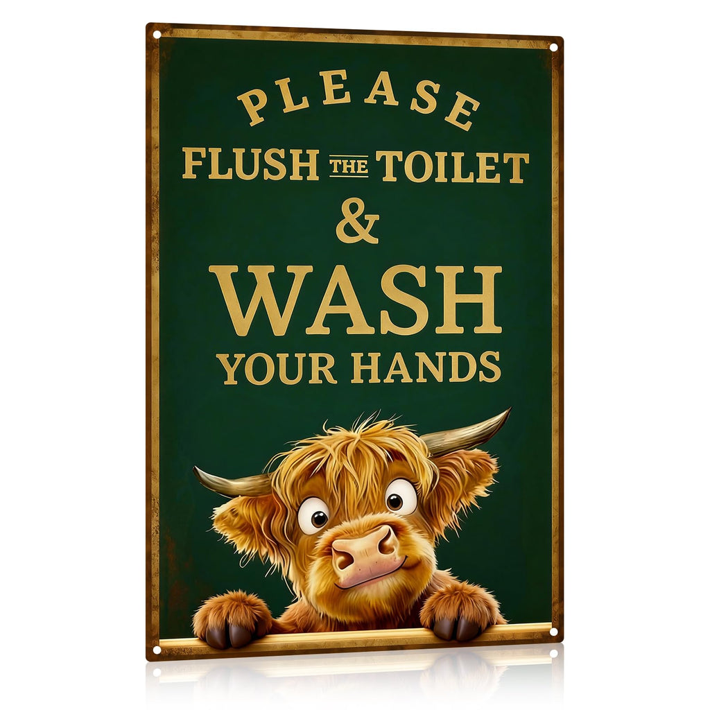 Madewell Living Funny Highland Cow Metal Tin Sign, Are You Pooping, Rustic Farmhouse Wall Decor for Bathroom, Western Bathroom Art with Humorous Quote, 8x12 Inch