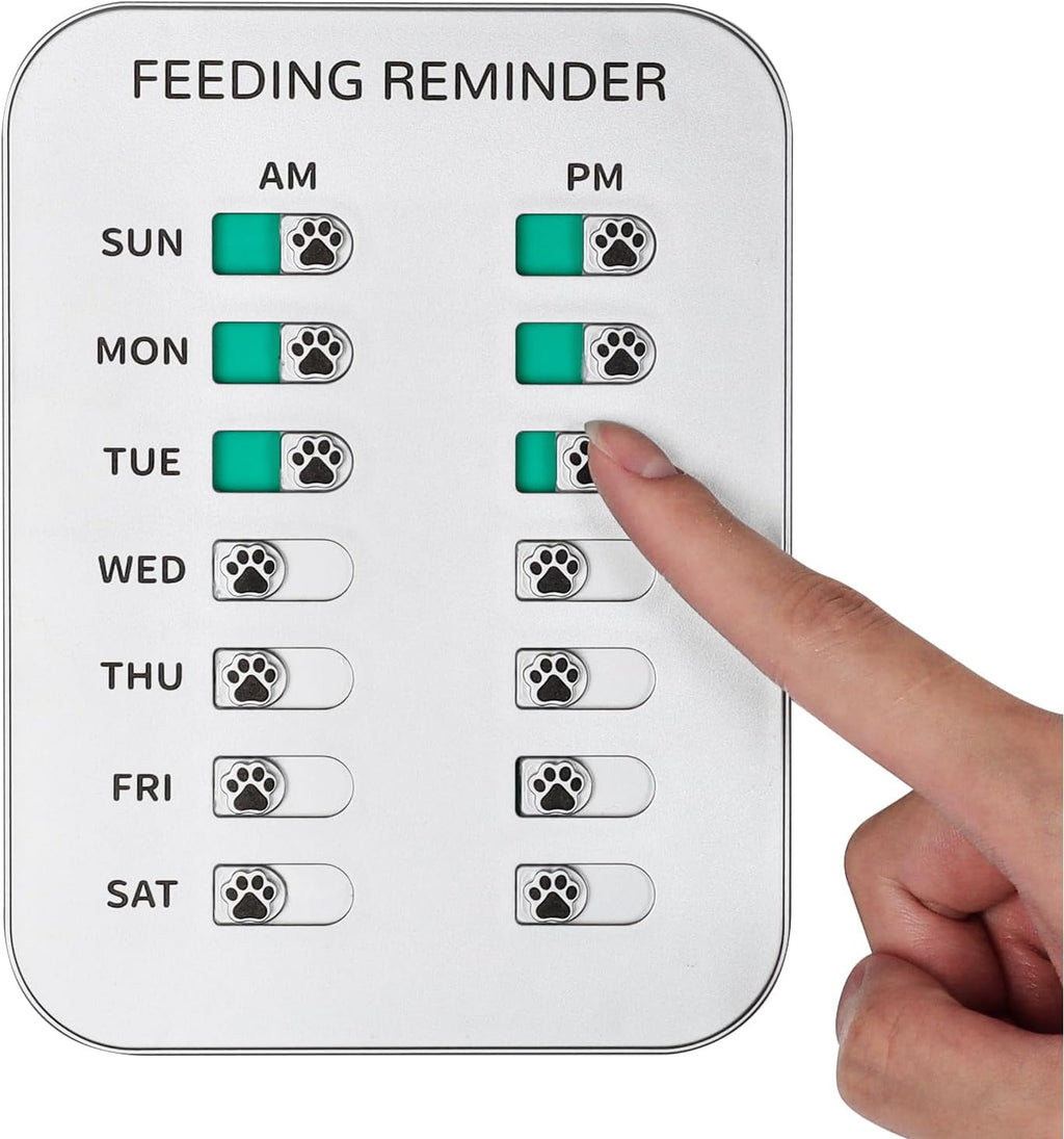 YAUYIK Dog Feeding Reminder, Magnetic OR Double Sided Adhesive Application, AM/PM Daily Chart Signs, Helps You Track Pets Feeding & Medication, Easy to Use on Fridge, Wall, Food Storage Bin (Silver)