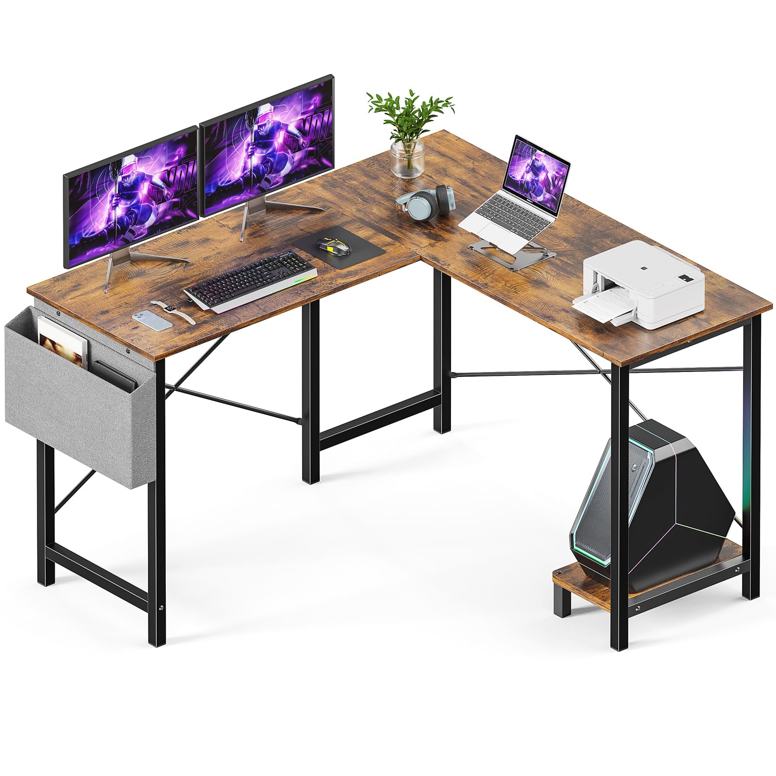 Sweetcrispy L Shaped Desk Computer Gaming Corner Table PC Workstation with CPU Stand Side Bag for Home Office Dorm Sturdy Writing Setup Furniture White 50 Inch Desk