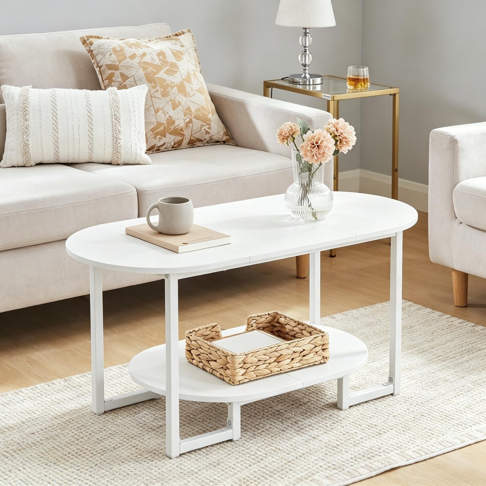 Coffee Table for Living Room, Oval Small Coffee Table with 2-Tier Open Storage Shelf, Industrial Cocktail Tea Table, Wooden Desktop Center Table, Farmhouse, Home Office, Rustic Brown BF09KF01