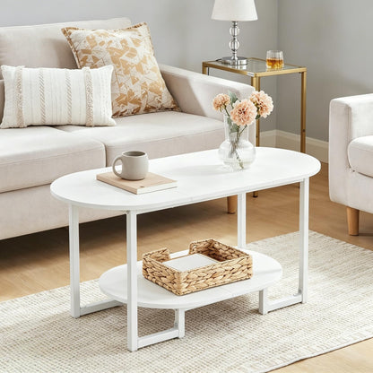 Coffee Table for Living Room, Oval Small Coffee Table with 2-Tier Open Storage Shelf, Industrial Cocktail Tea Table, Wooden Desktop Center Table, Farmhouse, Home Office, Rustic Brown BF09KF01