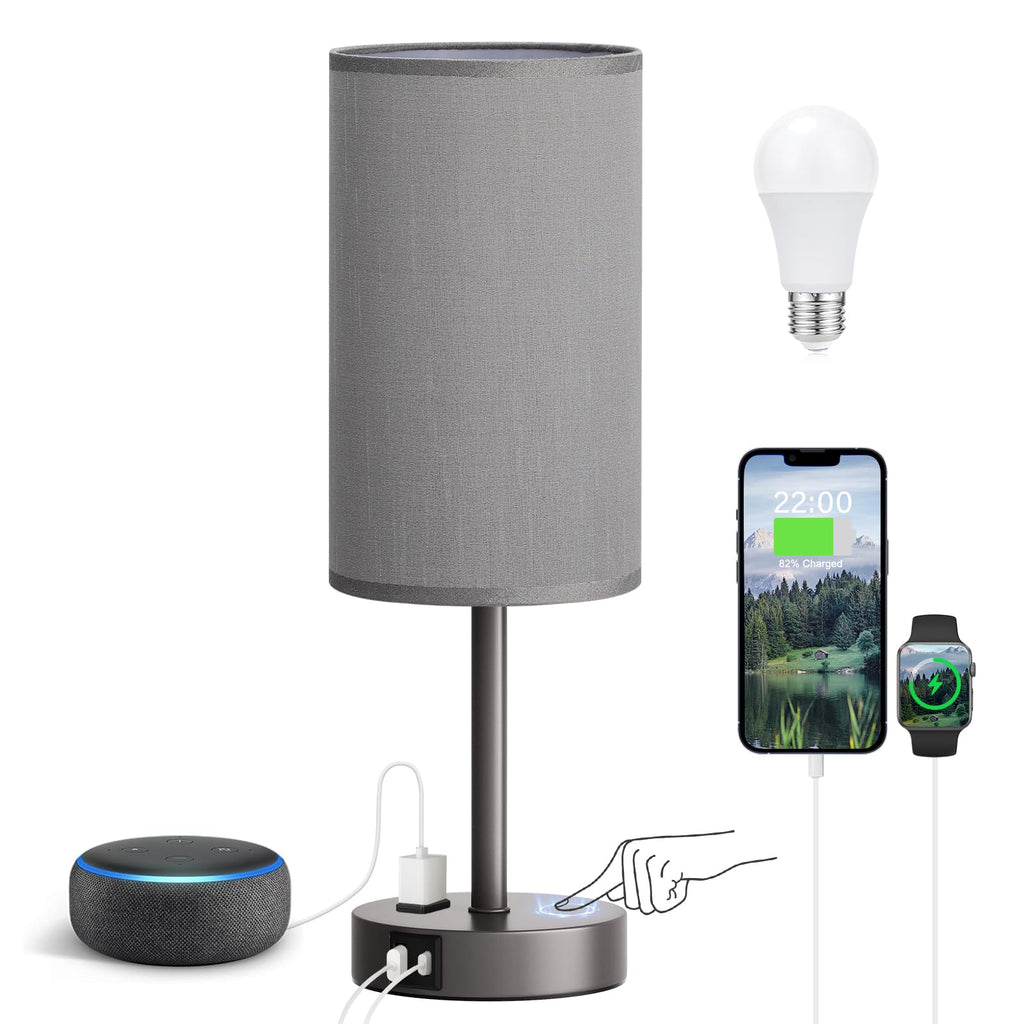 Fenmzee Bedside Table Lamp for Bedroom - 3 Way Dimmable Touch Lamp USB C Charging Ports and AC Outlet, Small Lamp Wood Base Round Flaxen Fabric Shade for Living Room, Desk, LED Bulb Included