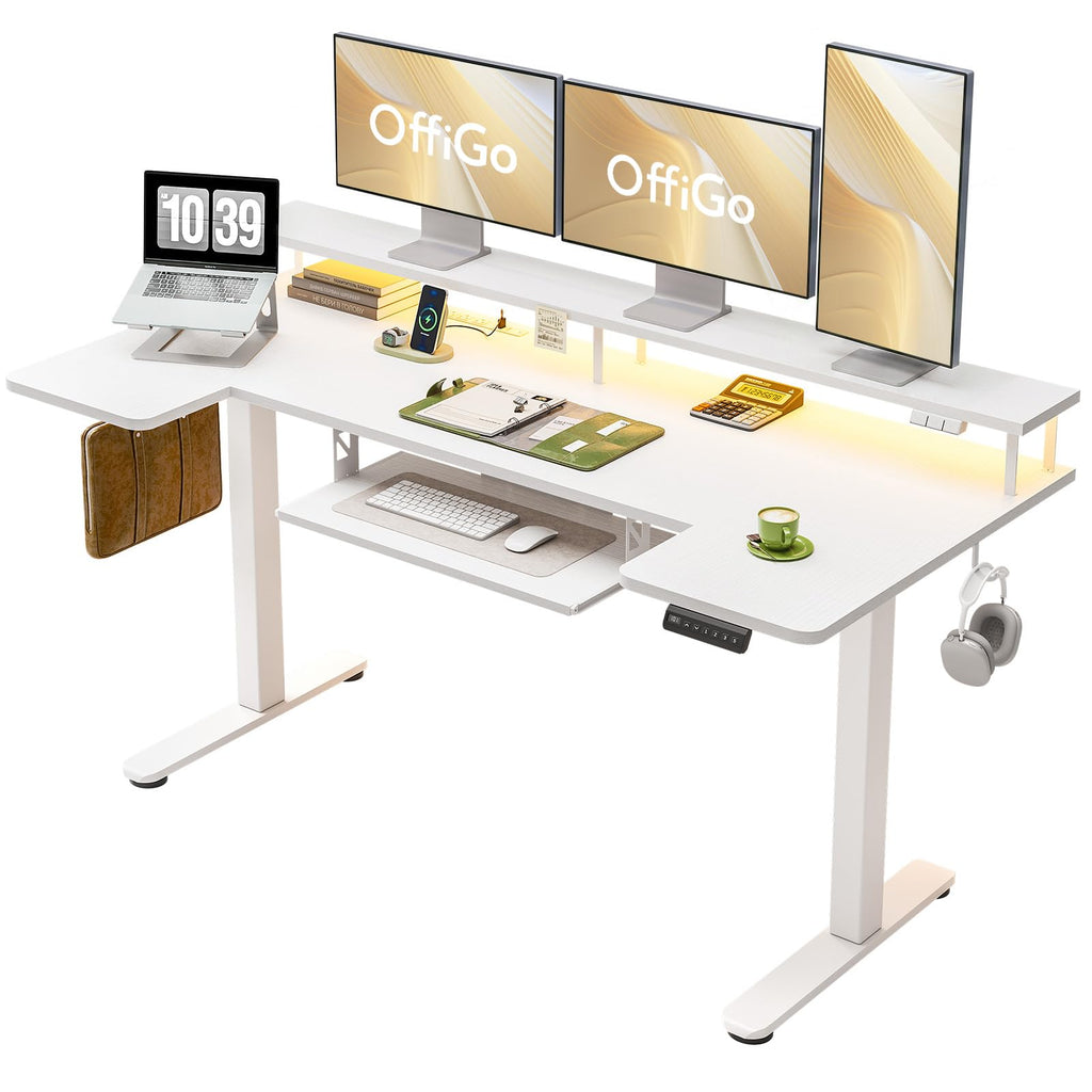 OffiGo U Shaped Electric Standing Desk with Keyboard Tray, 55 Inch Height Adjustable Desk with Power Outlets & LED Lights, Sit Stand Table with Monitor Stand for Home, Office, White
