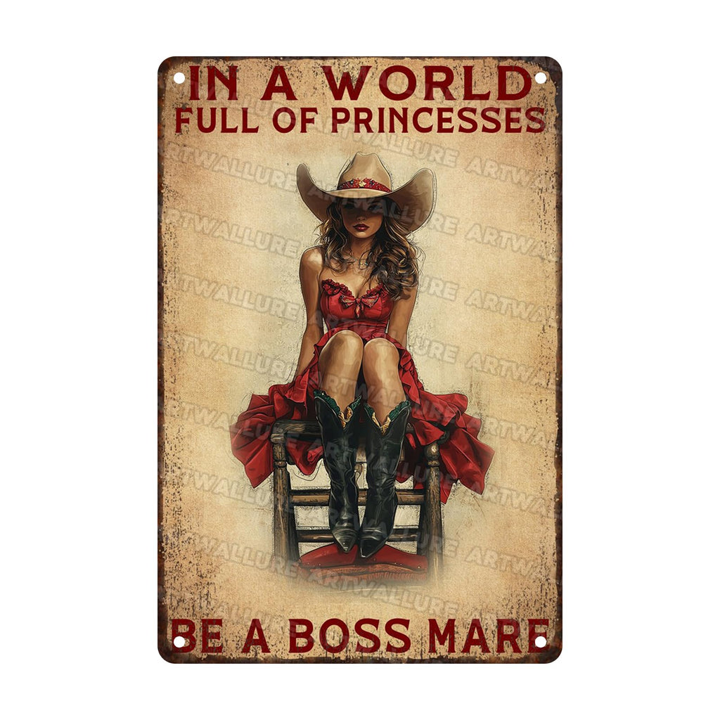 Retro Cowgirl Tin Sign Metal Wall Art Rustic Western Home Decor Wanted Theme 8x12inch