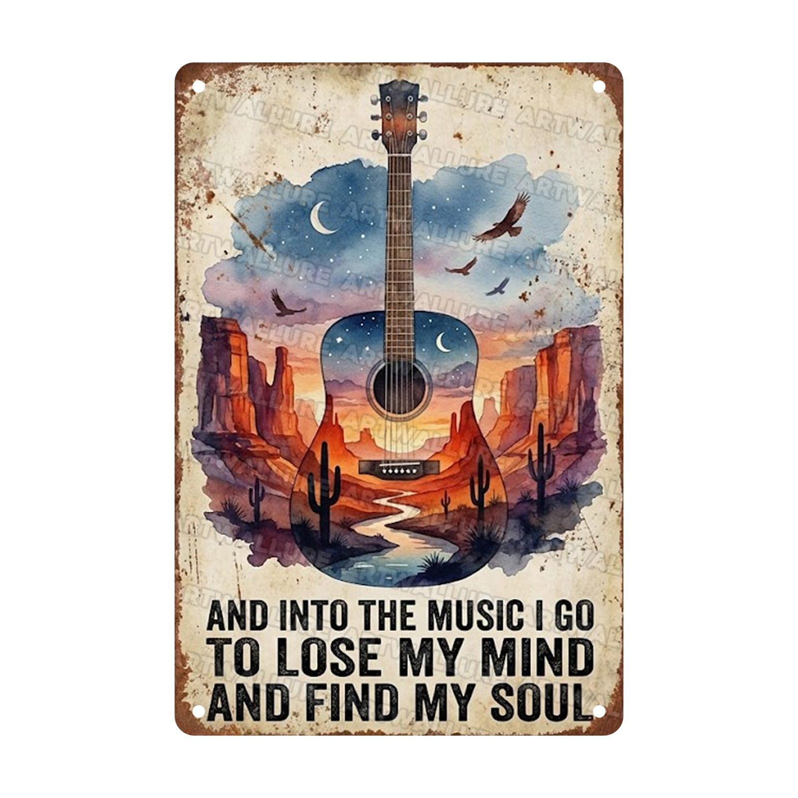 Acoustic Guitar Metal Tin Sign Nature Scenery Music Decor Vintage Wall Art Gift for Guitar Player Camping Lover 8x12Inch