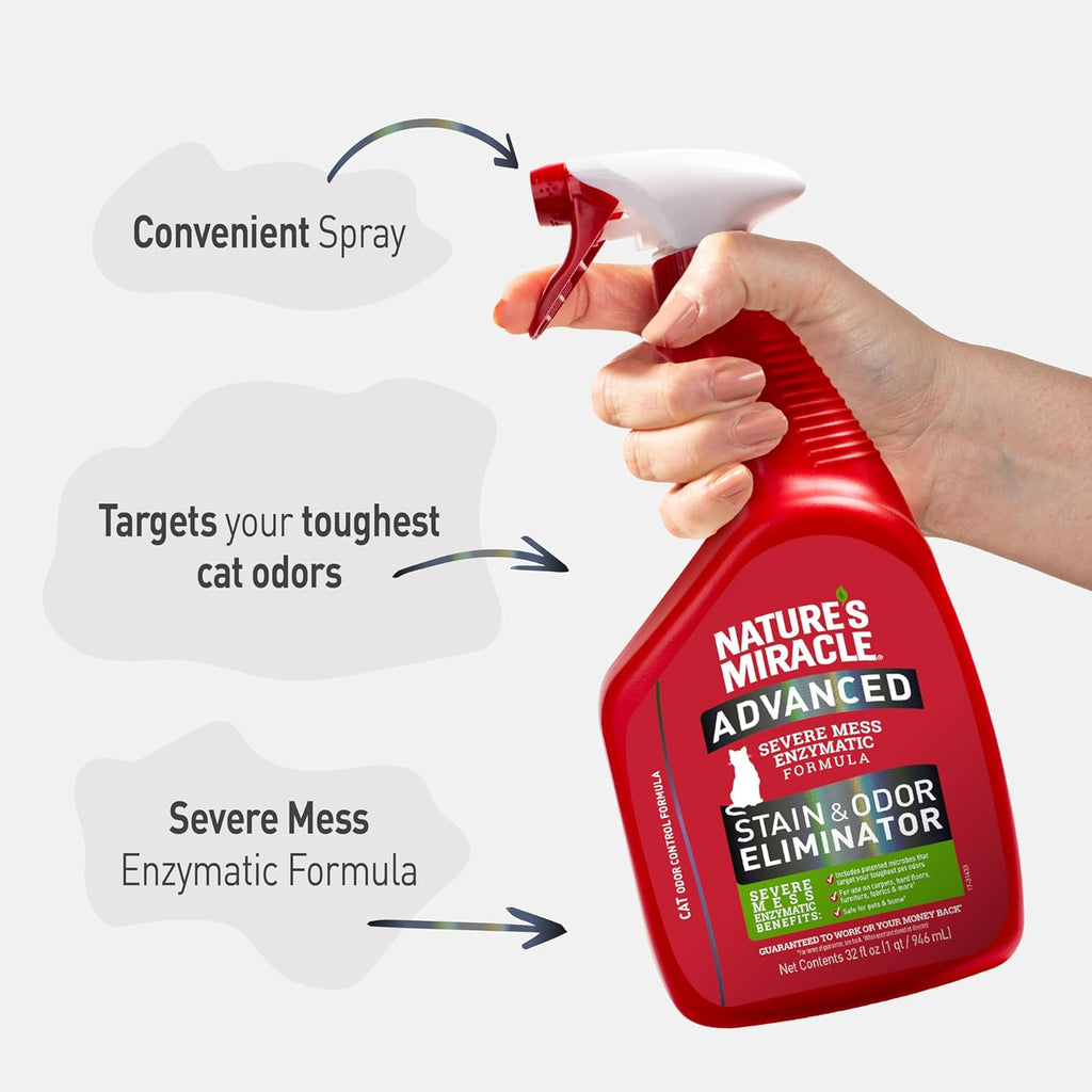 Nature's Miracle Advanced Cat Stain and Odor Eliminator Spray, Severe Mess Enzymatic Formula For Tough Pet Messes, 32 oz