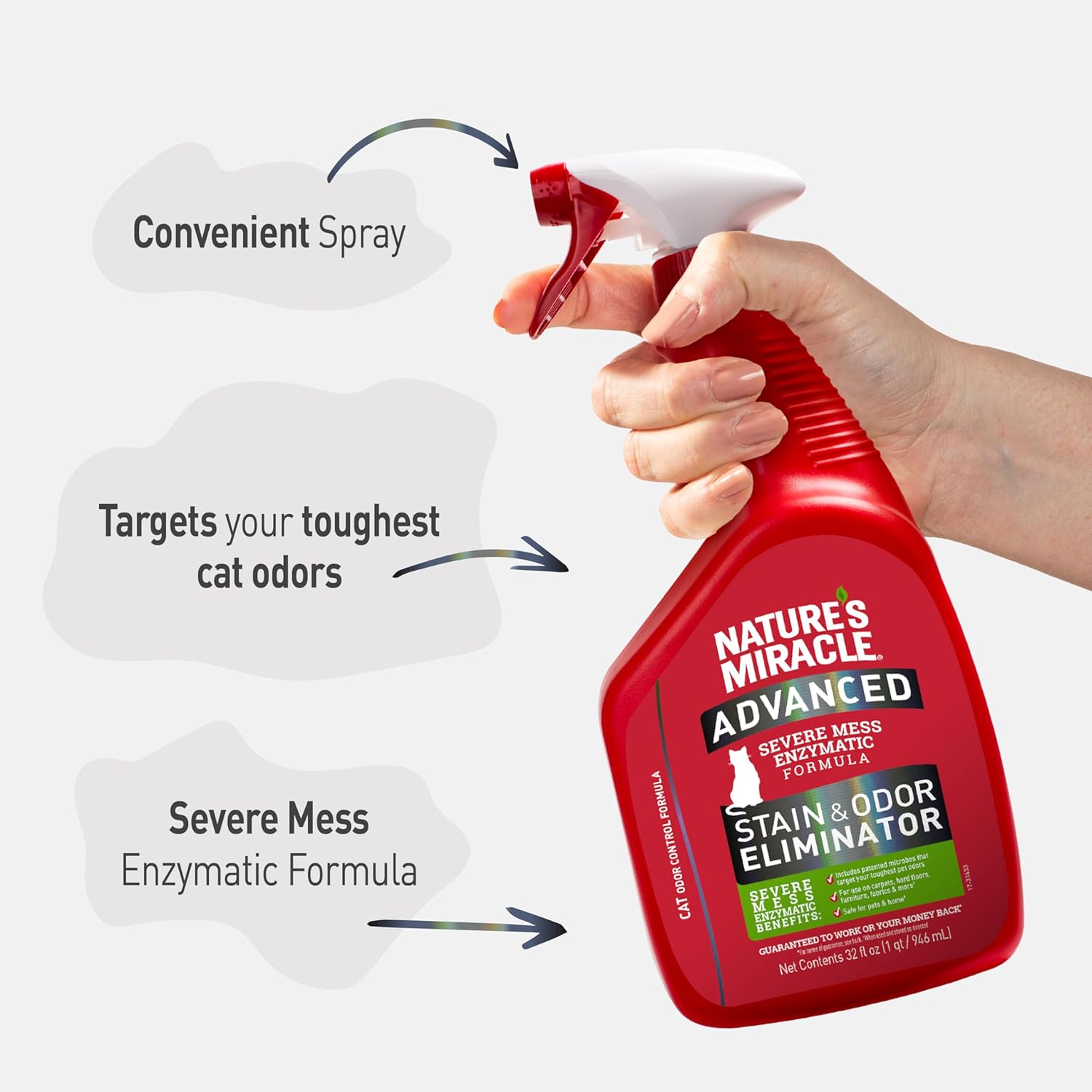 Nature's Miracle Advanced Cat Stain and Odor Eliminator Spray, Severe Mess Enzymatic Formula For Tough Pet Messes, 32 oz