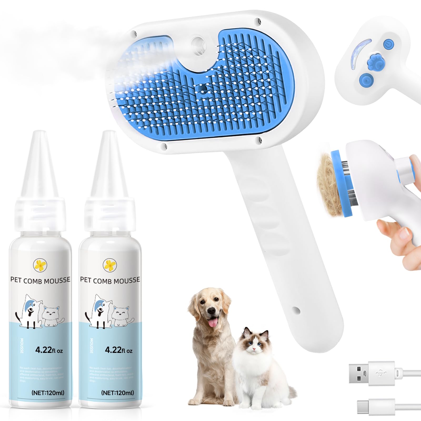 Pet Steam Brush for Dog & Cat - 3-in-1 Steam Grooming Brush for Shedding & Hair Removal - Self Cleaning Spray Comb with Mist for Long Haired Pets - Includes 1*Waterless Shampoo, Blue.