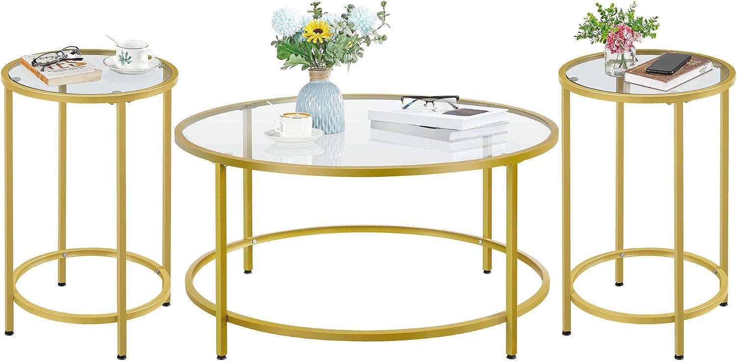 Yaheetech Coffee Table Set of 3, Round Coffee Table & 2pcs Accent End Table Easy Assembly w/Glass-Top Surface & Reinforced Frame for Living Room,Apartment,Small Space,Mustard Gold