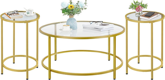 Yaheetech Coffee Table Set of 3, Round Coffee Table & 2pcs Accent End Table Easy Assembly w/Glass-Top Surface & Reinforced Frame for Living Room,Apartment,Small Space,Mustard Gold