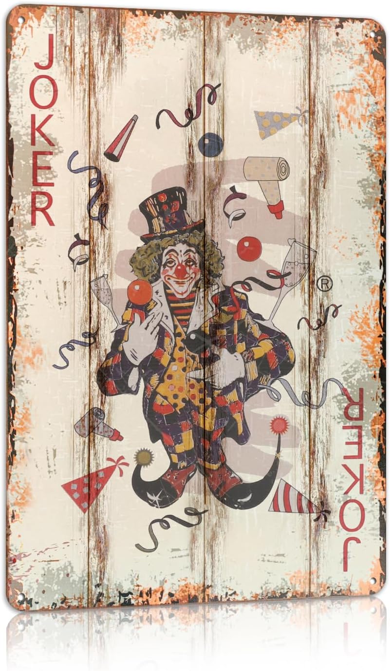 Vintage Poker Metal Sign Red Joker Tin Sign Playing Card Wall Sign Man Cave Home Wall Decor 12 x 8 Inch