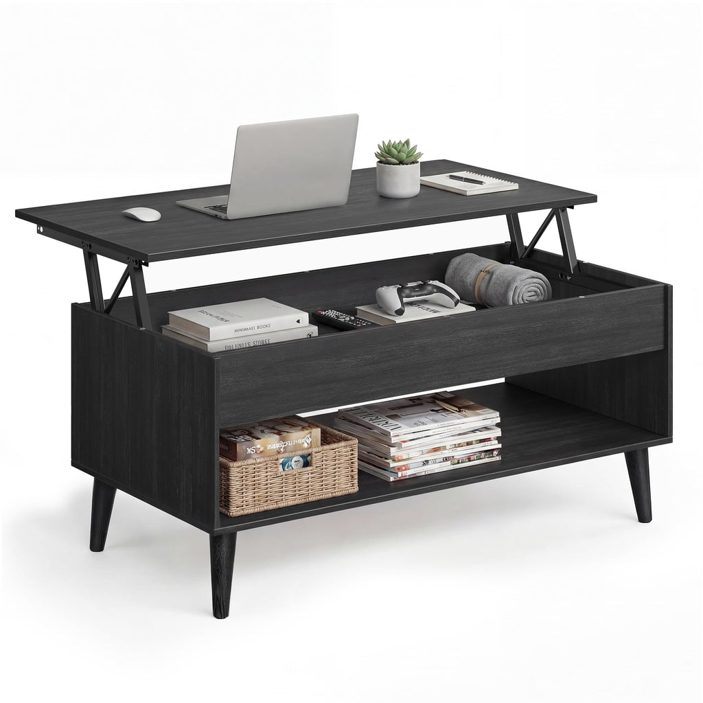 VASAGLE Lift Top Coffee Table, Lift Tabletop Dining Table, Gas Spring, Hidden Compartment, Open Storage Shelf, for Living Room, Home Office, Honey Brown ULCT268KB01S
