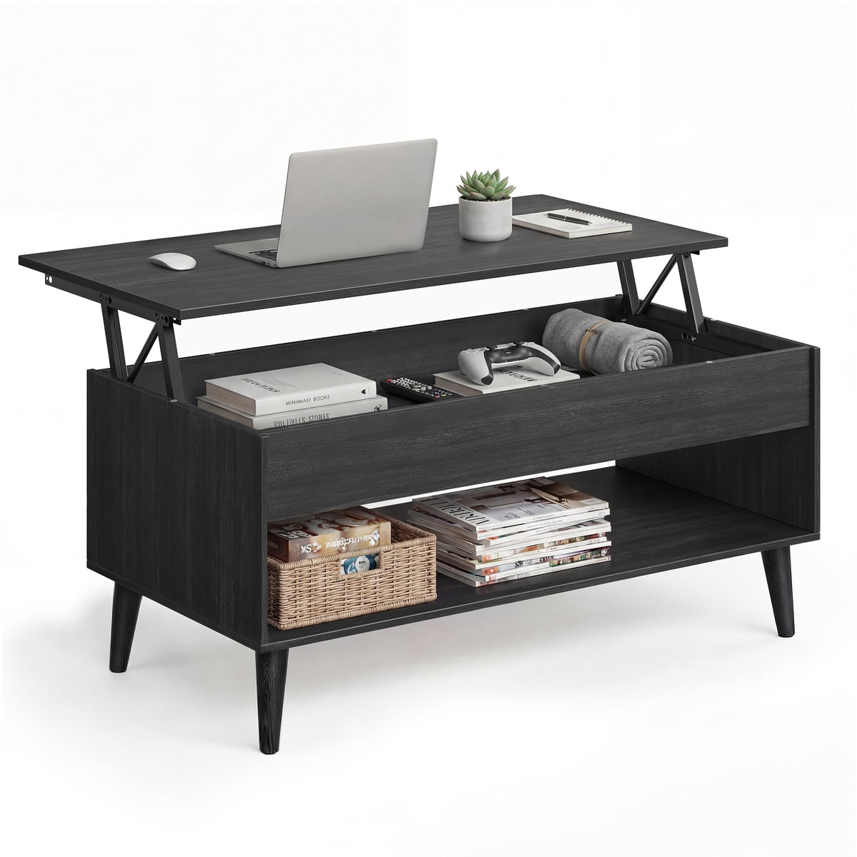 VASAGLE Lift Top Coffee Table, Lift Tabletop Dining Table, Gas Spring, Hidden Compartment, Open Storage Shelf, for Living Room, Home Office, Honey Brown ULCT268KB01S