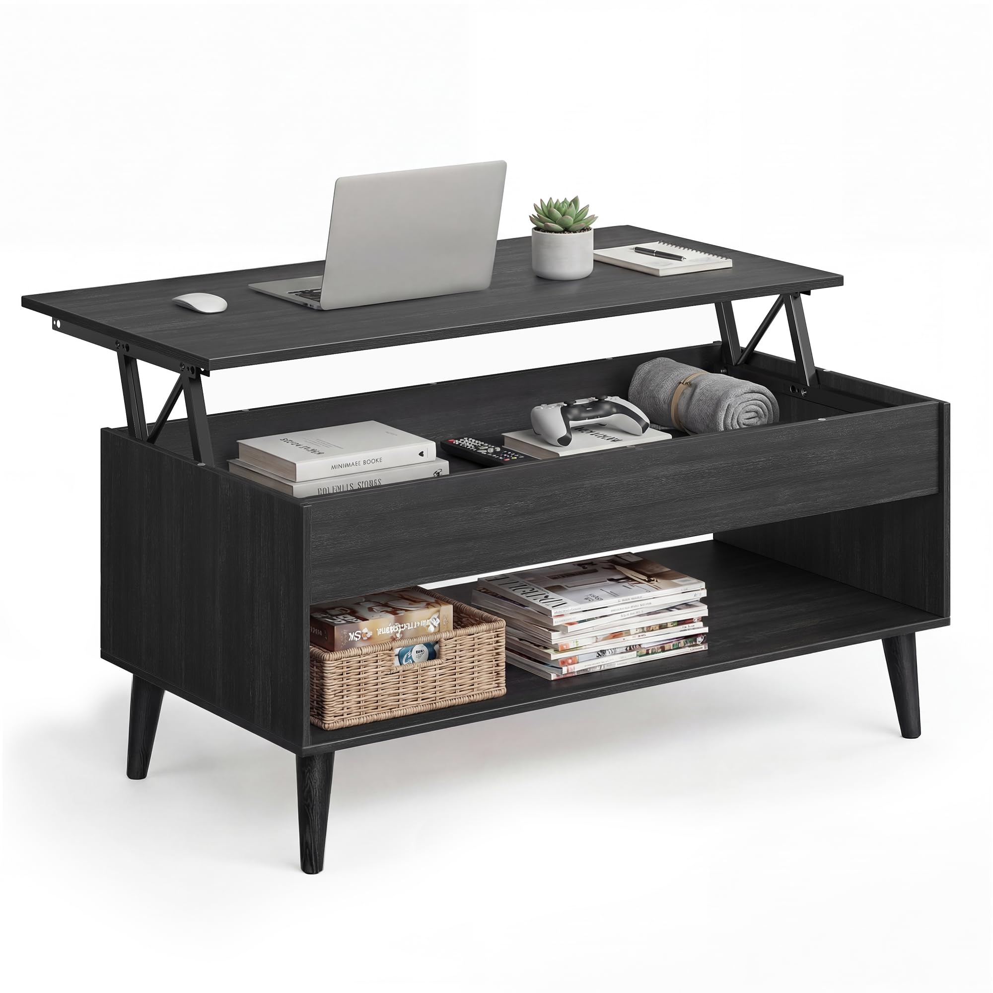 VASAGLE Lift Top Coffee Table, Lift Tabletop Dining Table, Gas Spring, Hidden Compartment, Open Storage Shelf, for Living Room, Home Office, Honey Brown ULCT268KB01S