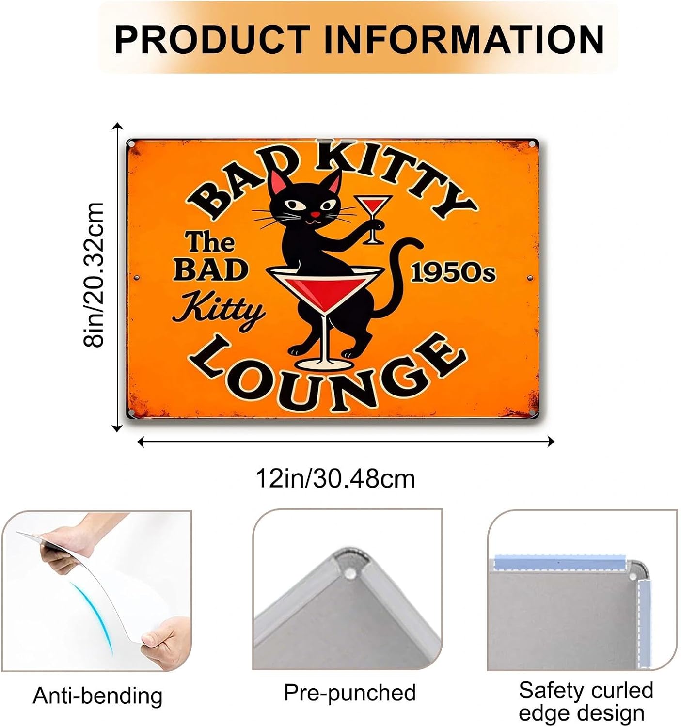 Funny Black Cat Wall Art - Metal Decor Signs Vintage Metal Tin Sign Wall Art "Bad Kitty Lounge" Sign for Women and Cat Lovers Home Decor, Bedroom, Kitchen, Office, Cafe, Bar 8 X 12 Inch