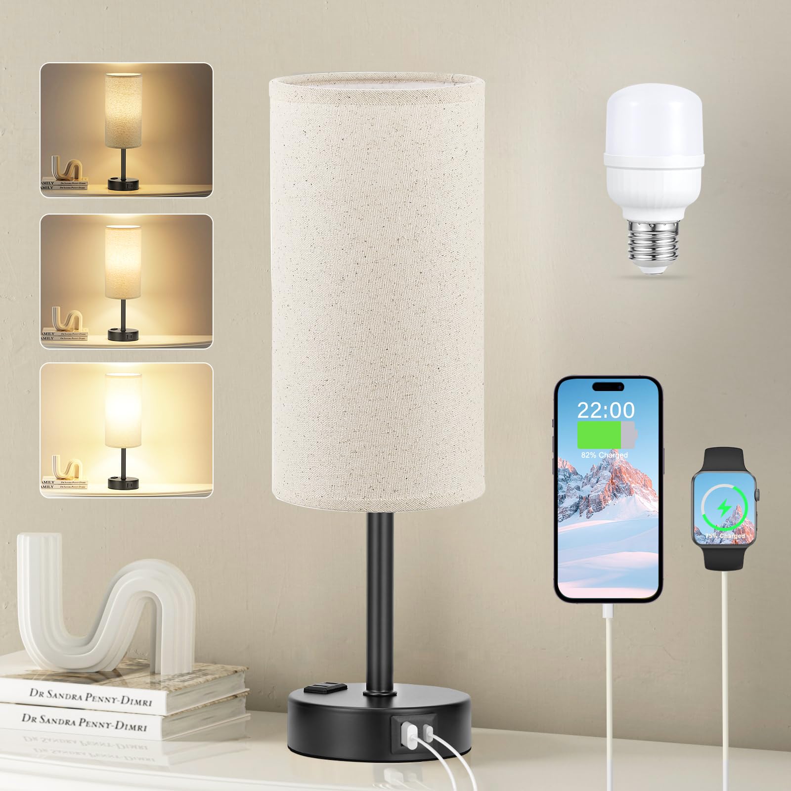 Fenmzee Bedside Table Lamp for Bedroom - 3 Way Dimmable Touch Lamp USB C Charging Ports and AC Outlet, Small Lamp Wood Base Round Flaxen Fabric Shade for Living Room, Desk, LED Bulb Included