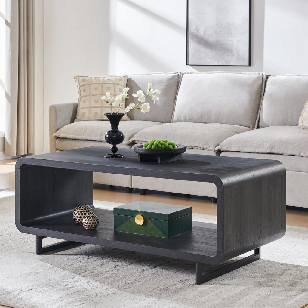 IFGET 48" Modern Coffee Table, 2-Tier Minimalist Center Table with Storage Shelf, Curved Profile Design, Wooden Rectangular Living Room Table w/Wood Thick Design for Living Room, Office, Natural Oak