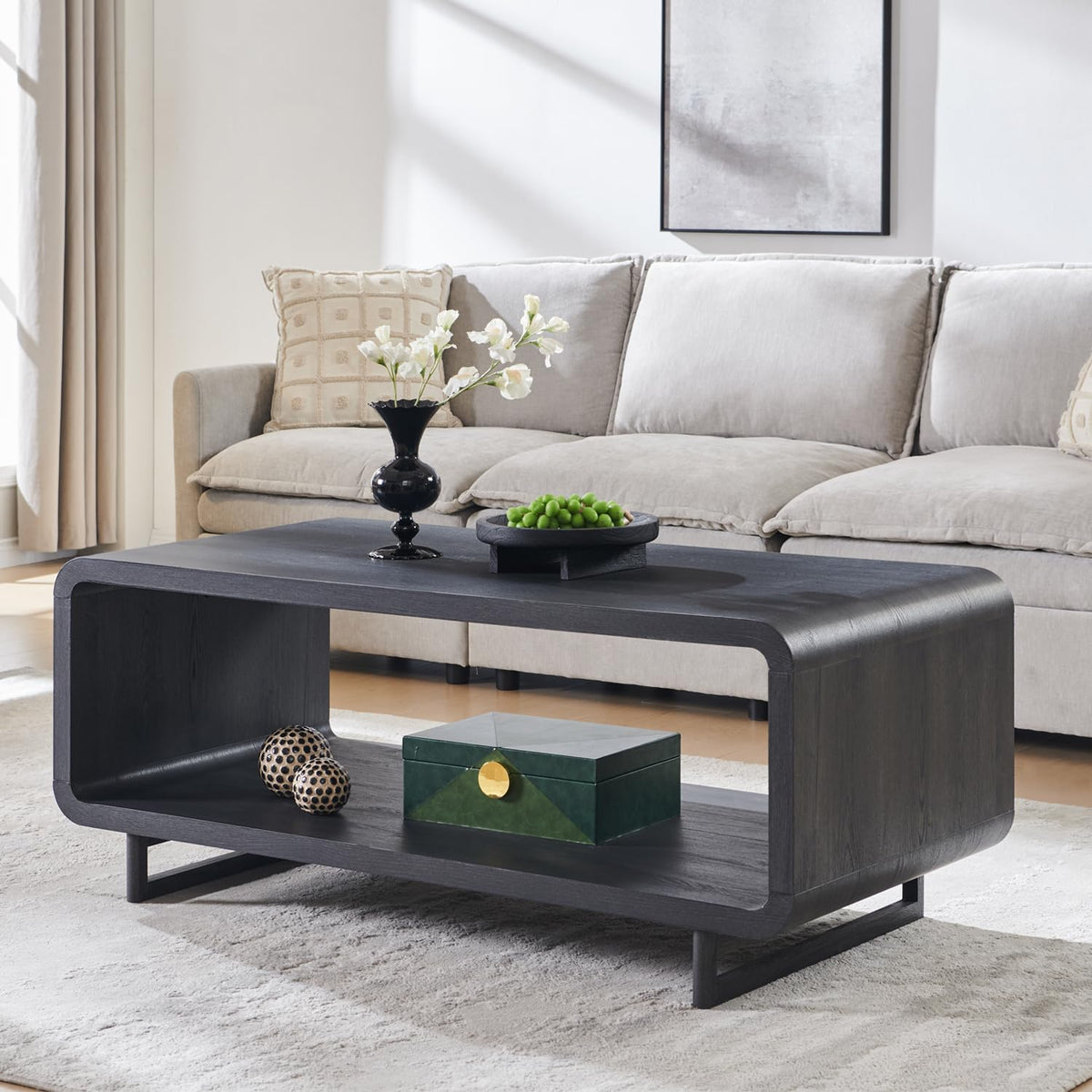 IFGET 48" Modern Coffee Table, 2-Tier Minimalist Center Table with Storage Shelf, Curved Profile Design, Wooden Rectangular Living Room Table w/Wood Thick Design for Living Room, Office, Natural Oak