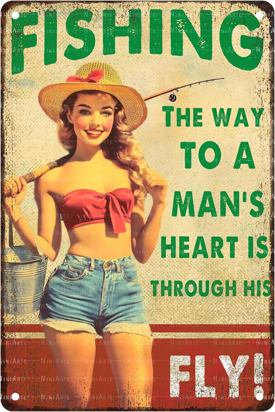 Pin Up Girl Fishing Metal Tin Sign The Way to A Man's Heart Through His Fly Vintage Sign for Wall Art Decor for Home Angler Wall Decor Cafes Lake House Seascape Decor 8X12Inch