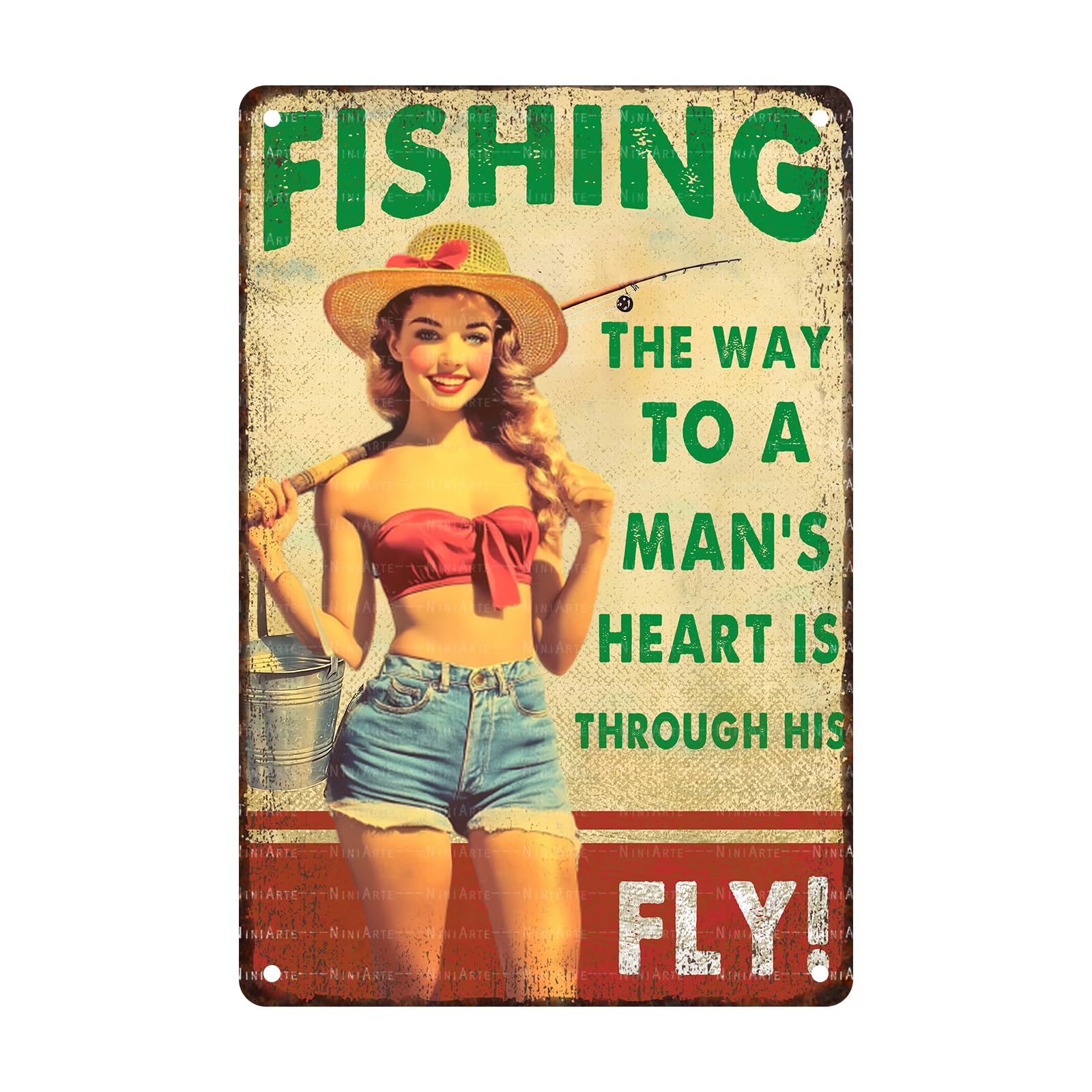 Pin Up Girl Fishing Metal Tin Sign The Way to A Man's Heart Through His Fly Vintage Sign for Wall Art Decor for Home Angler Wall Decor Cafes Lake House Seascape Decor 8X12Inch