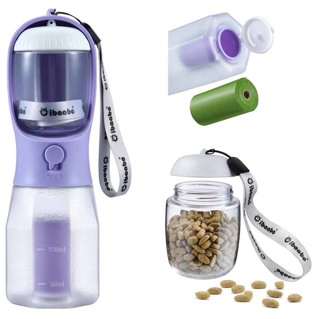 Cibaabo Dog Water Bottle with Food Container & Poop Bag Holder, Travel Water Bowl, Portable Pet Dispenser, Girl Dog Accessories Stuff Items Essentials Gift for Yorkie Chihuahua Walking Hiking