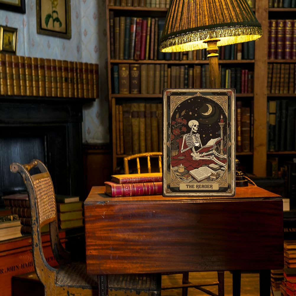 Skeleton Reader Tin Sign Retro Metal Wall Decor 8" x 12" Vintage The Reader Tarot Halloween Vintage Wall Art Poster for Home Library Cafe Reading Room Classroom Decor Gift