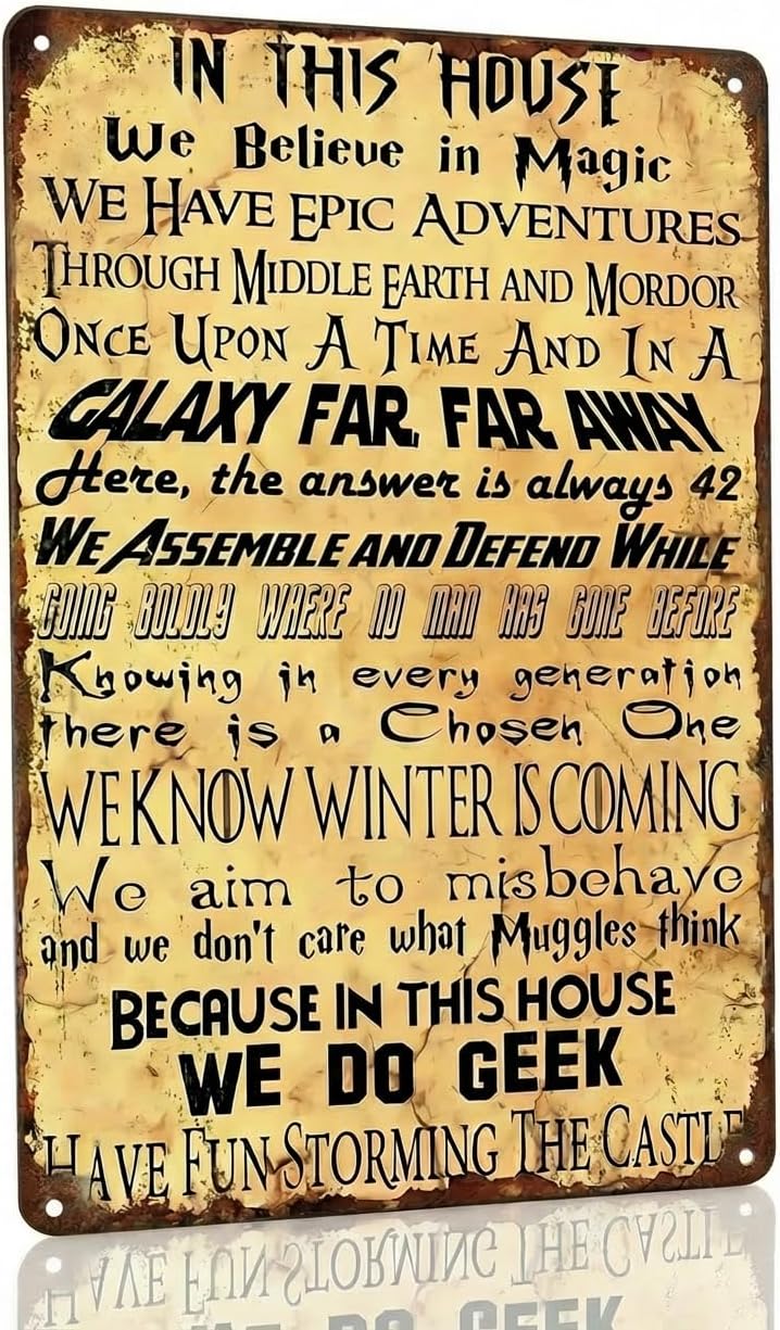 Vintage Geek Metal Tin Sign - Funny House Rules Wall Decor for Movie Lovers & Gamers - Retro Sci-Fi & Fantasy Quote Art for Game Room, Man Cave, Library, or Home Theater - 12x8 Inch