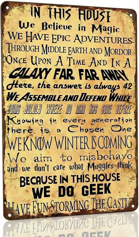 Vintage Geek Metal Tin Sign - Funny House Rules Wall Decor for Movie Lovers & Gamers - Retro Sci-Fi & Fantasy Quote Art for Game Room, Man Cave, Library, or Home Theater - 12x8 Inch