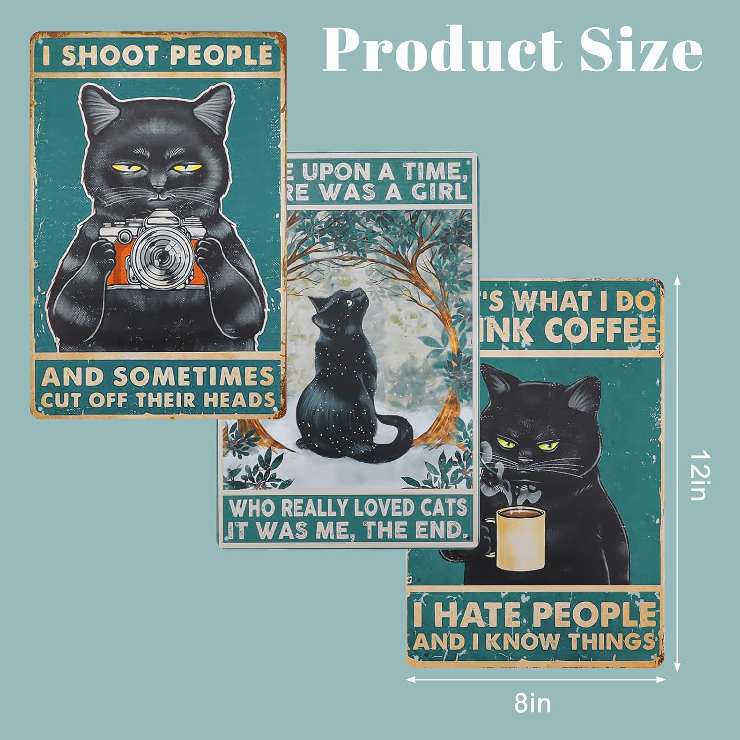 3PCS Vintage Metal Tin Sign Black Cat, Metal Retro Funny Cat Poster Art Decor Home Bar Coffee Wall 8x12 inch (Black Cat 03)