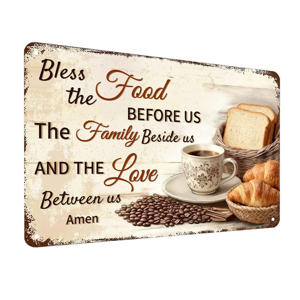 Bless the Food Before Us Wall Decor Christian Gift Bible Verse Metal Tin Signs Inspirational Sign for Farmhouse Kitchen Dining Room Wall Decor 8x12 Inch