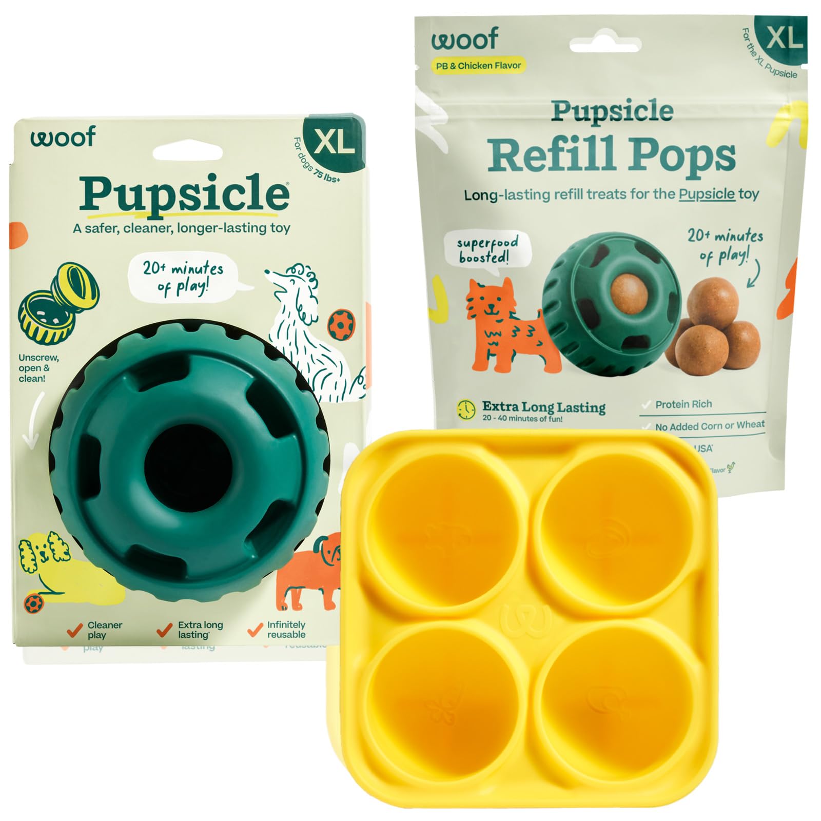 WOOF Starter Pack - Interactive Dog Ball Toy for Boredom - Dog Treat Molds Silicone - Chicken-Flavored Healthy Treats for Dogs - Pupsicle Doggy Enrichment Toy - for Small Pups - 10-25 lbs