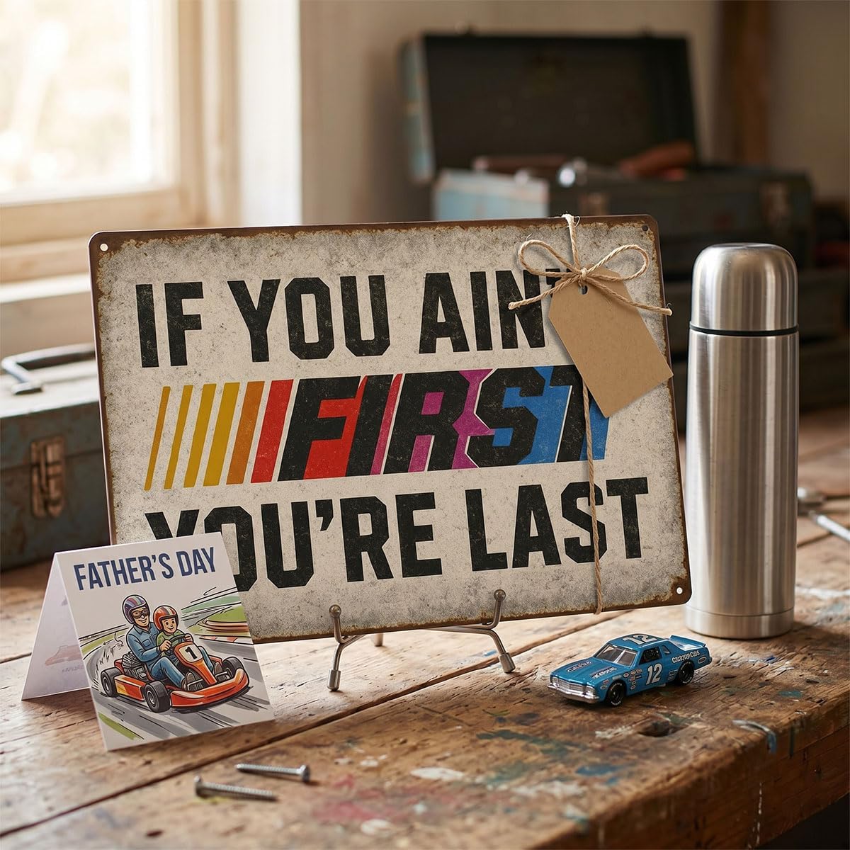If You Ain't First You're Last Tin Sign – Vintage Racing Wall Decor, Funny Metal Sign for Garage, Man Cave, Workshop, Bar – Distressed Retro Wall Art Gift for Men – 8x12 Inch