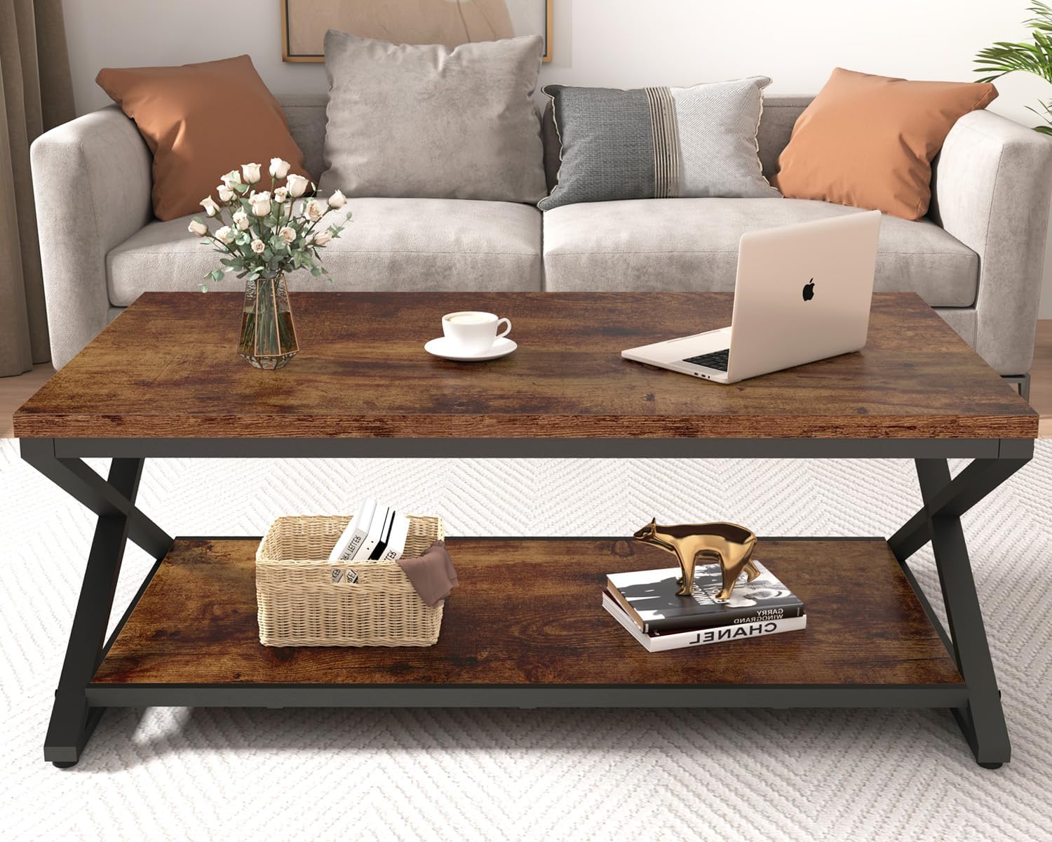 HSH Rustic Coffee Table with Storage Shelf, Industrial Metal Wood Living Room Table, Farmhouse Minimalist Rectangle Center Table, Vintage Simple 2 Tier Cocktail Tea Table, Rustic Brown, 47 Inch