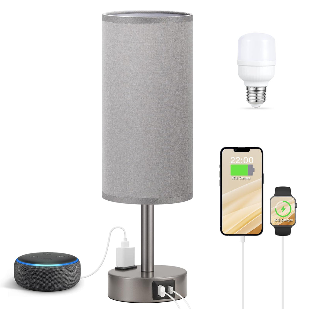 Fenmzee Bedside Table Lamp for Bedroom - 3 Way Dimmable Touch Lamp USB C Charging Ports and AC Outlet, Small Lamp Wood Base Round Flaxen Fabric Shade for Living Room, Desk, LED Bulb Included
