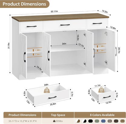 HOSTACK Buffet Cabinet with Drawers, 55" Large Sideboard Buffet Storage Cabinet with Shelves and Doors, Modern Farmhouse Coffee Bar Station Wood Kitchen Table for Kitchen, Dining Room, White/Rustic