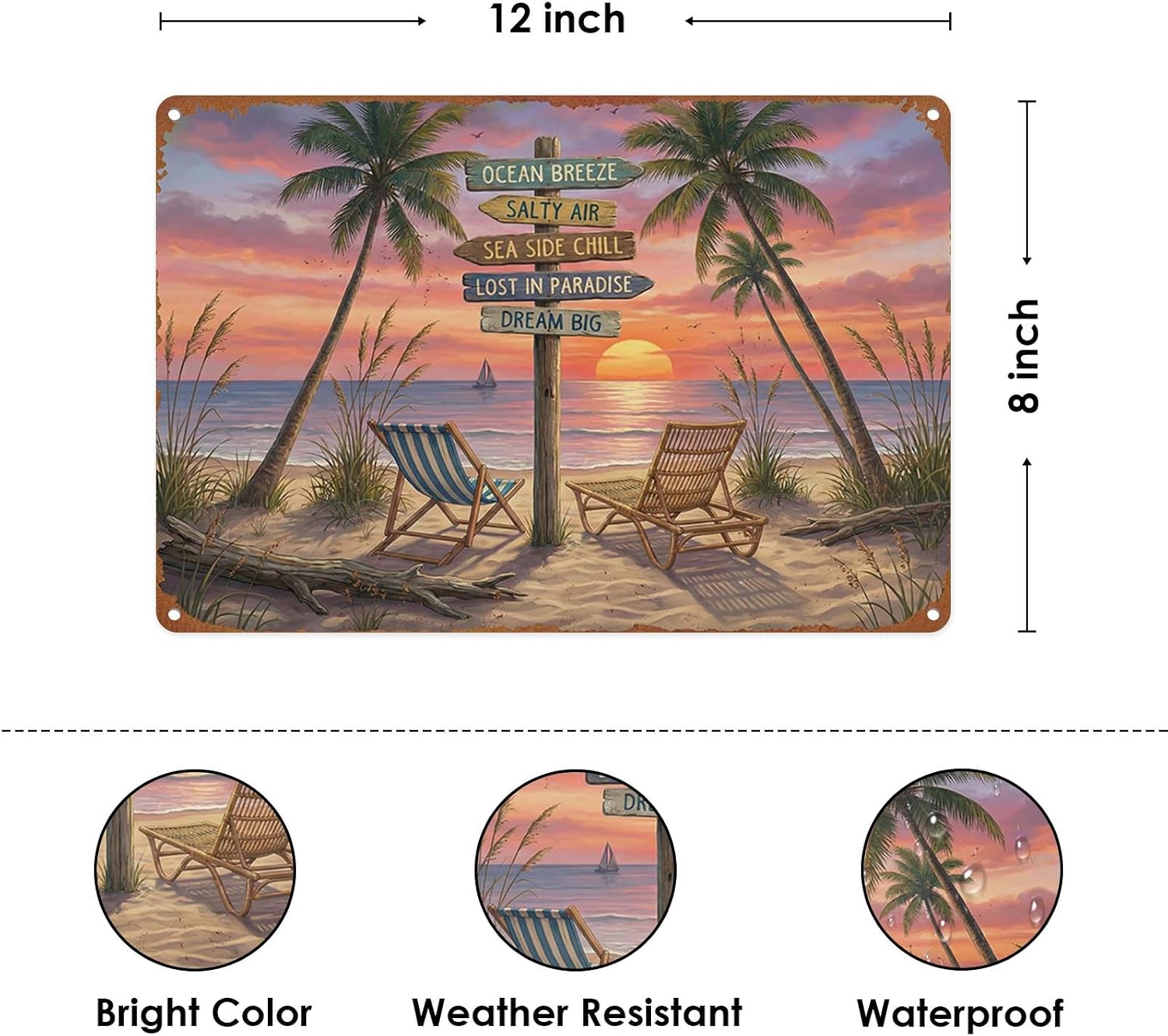 Coastal Beach Tropical Metal Tin Sign Wall Decor, Ocean Sun 8x12 Inch Wall Art for Lake House Coastal Beachy Room Cottage Cabin