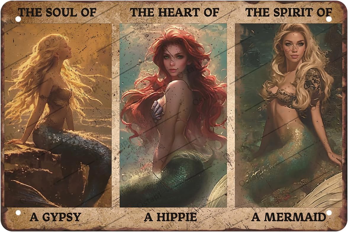 Ostapt Mermaid Vintage Metal Tin Sign The Soul of a Gypsy The Heart of a Hippie The Spirit of a Mermaid Bedroom Cafe Bar Man Cave Bathroom Home Wall Decor Beach Wall Art Gifts 12x8 inch