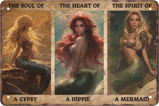 Ostapt Mermaid Vintage Metal Tin Sign The Soul of a Gypsy The Heart of a Hippie The Spirit of a Mermaid Bedroom Cafe Bar Man Cave Bathroom Home Wall Decor Beach Wall Art Gifts 12x8 inch