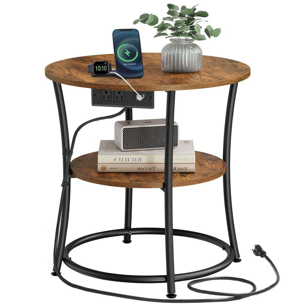 VASAGLE 21.7-Inch Round Side Table, 2-Tier End Table, Nightstand with Steel Frame, Spacious Top, for Small Spaces, Living Room, Bedroom, Rustic Brown and Ink Black ULET56BX