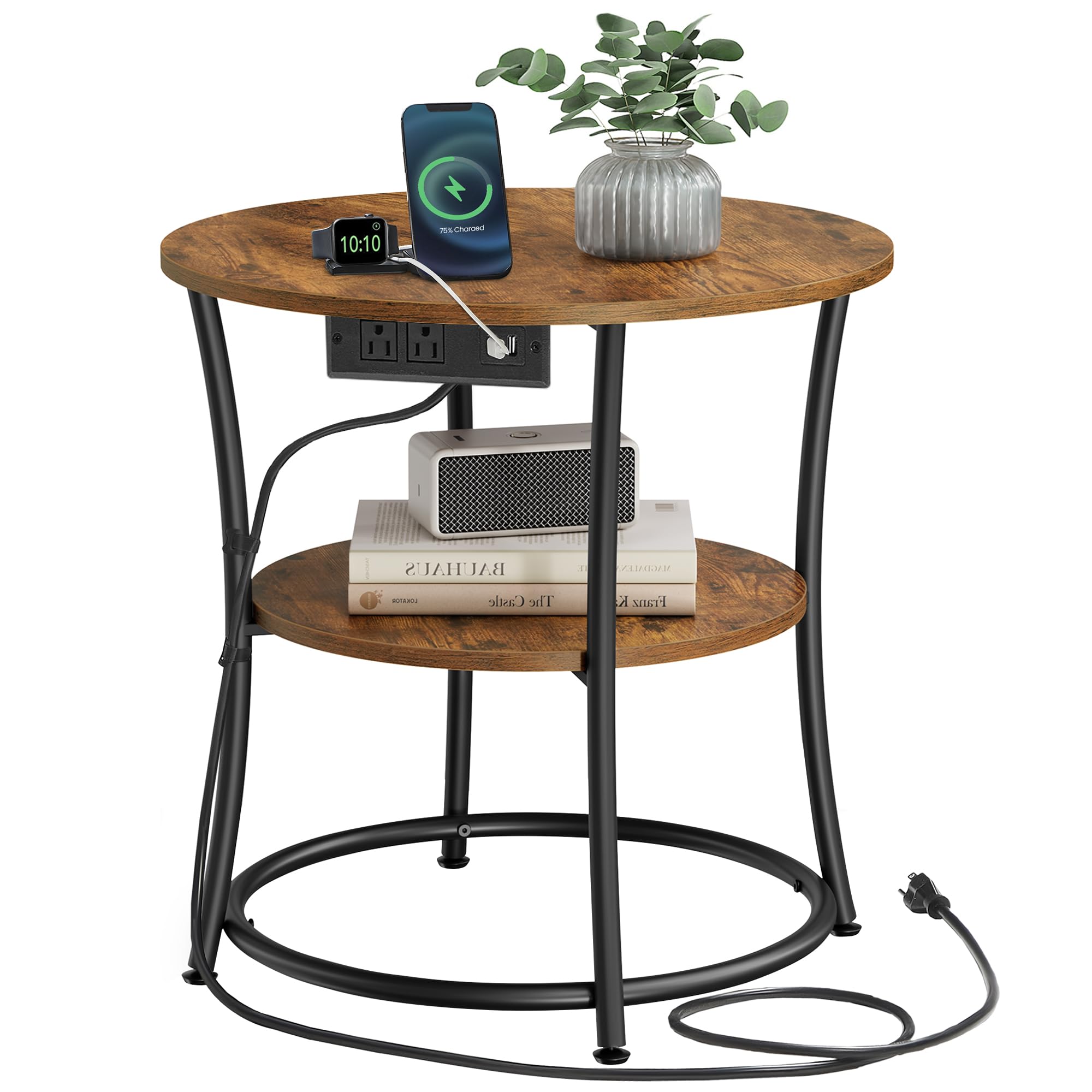 VASAGLE 21.7-Inch Round Side Table, 2-Tier End Table, Nightstand with Steel Frame, Spacious Top, for Small Spaces, Living Room, Bedroom, Rustic Brown and Ink Black ULET56BX