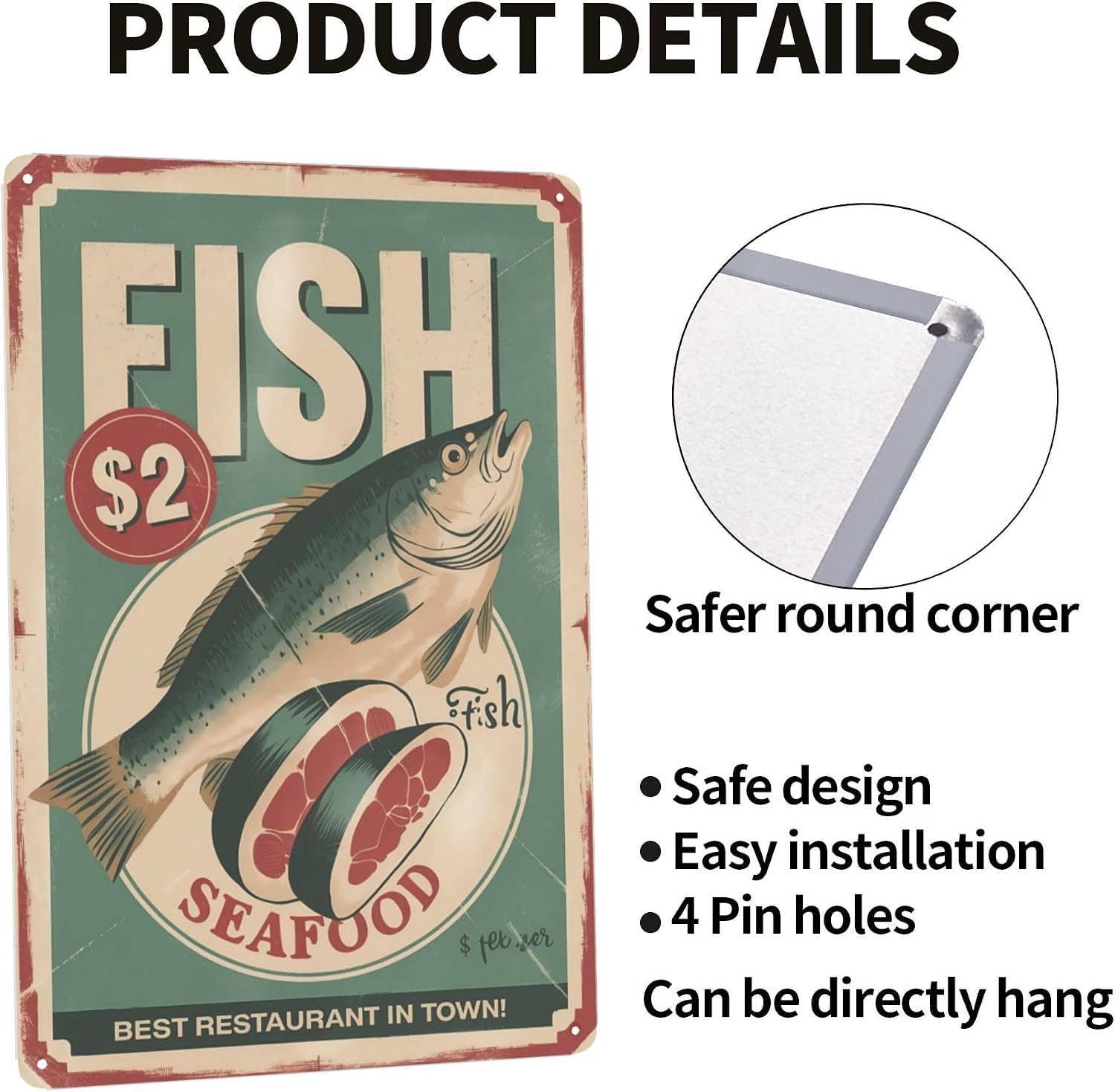 Indoor Seafood Fish Tin Sign Delicious Fresh Fish Best Restaurant In metal tin sign 8x12 inch decorative wall decor with vintage style for bar, garage, cabin and home spaces