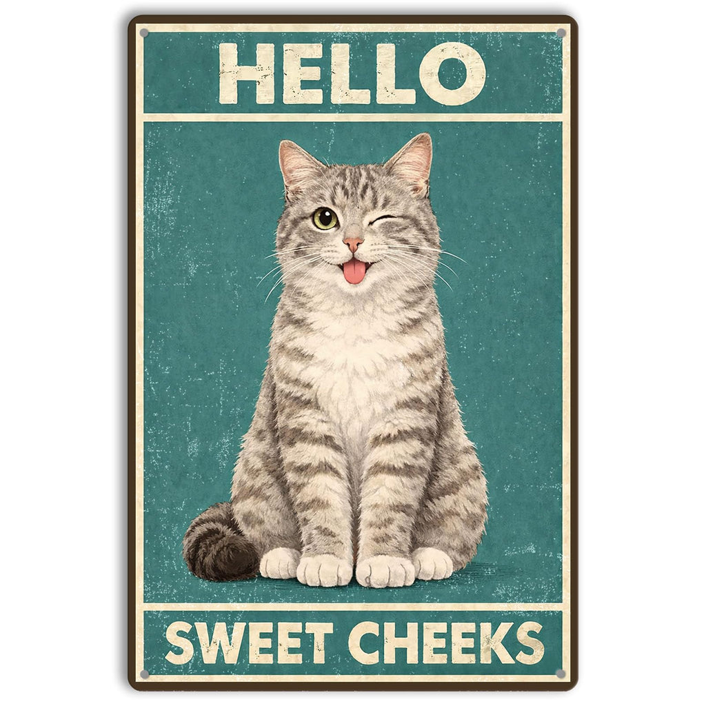 Bathroom Wall Decor Metal Tin Sign – Hello Sweet Cheeks Funny Cow Wall Art, Farmhouse Restroom Decor 12x8 Inch