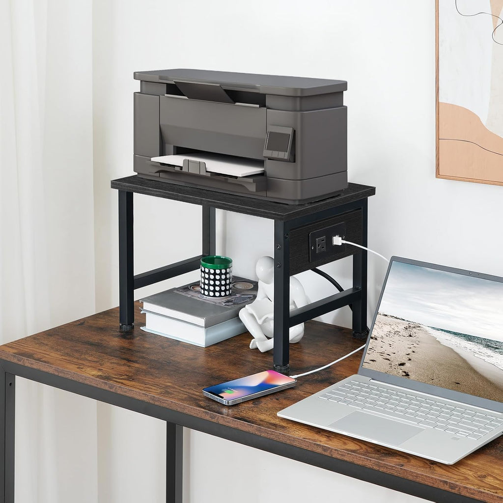 HOOBRO Printer Stand for Desk, Desktop Printer Stand with Charging Station, Small Printer Table with Storage Hook, Under Desk Printer Cart, File Rack for Home Office, Black BB01UPS01
