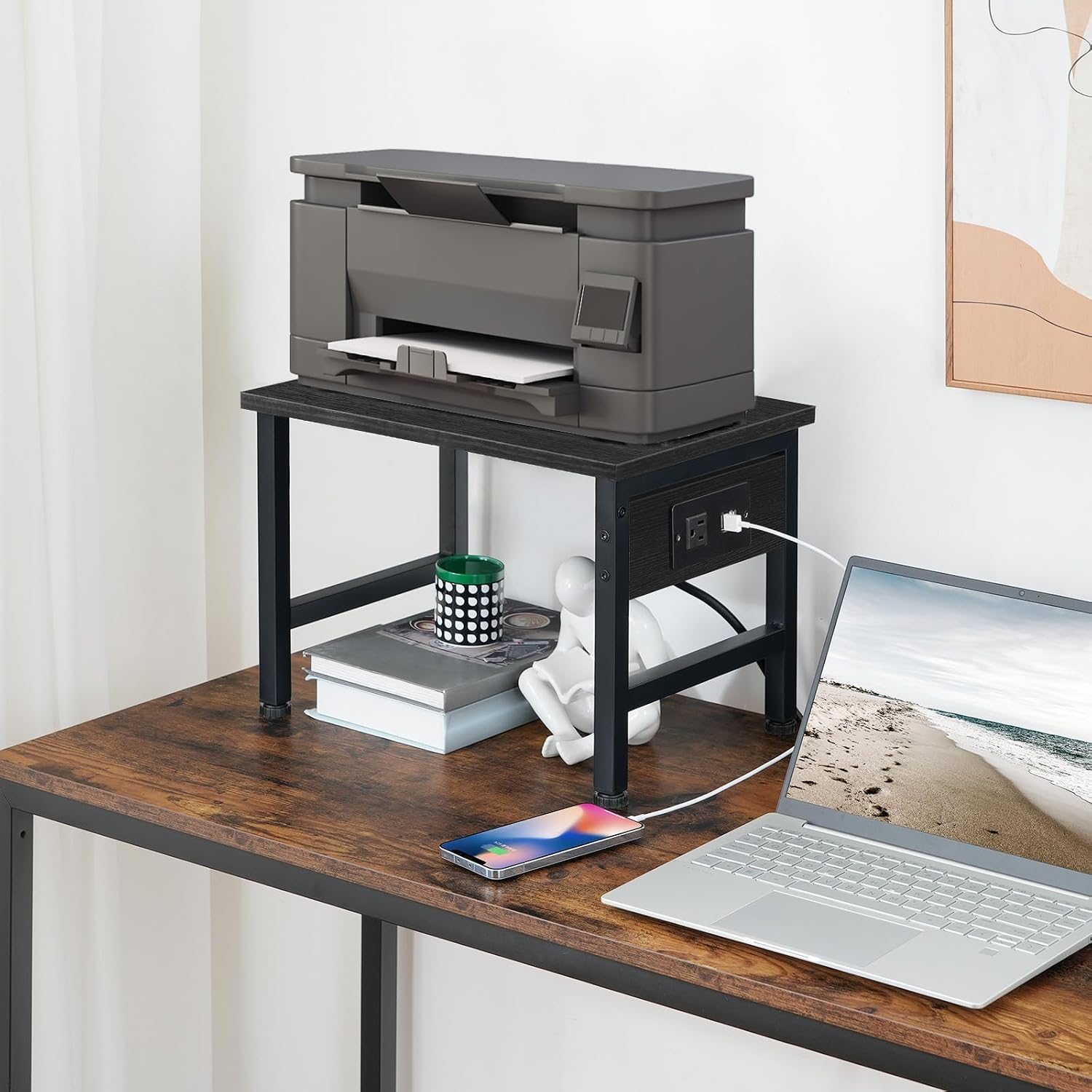 HOOBRO Printer Stand for Desk, Desktop Printer Stand with Charging Station, Small Printer Table with Storage Hook, Under Desk Printer Cart, File Rack for Home Office, Black BB01UPS01