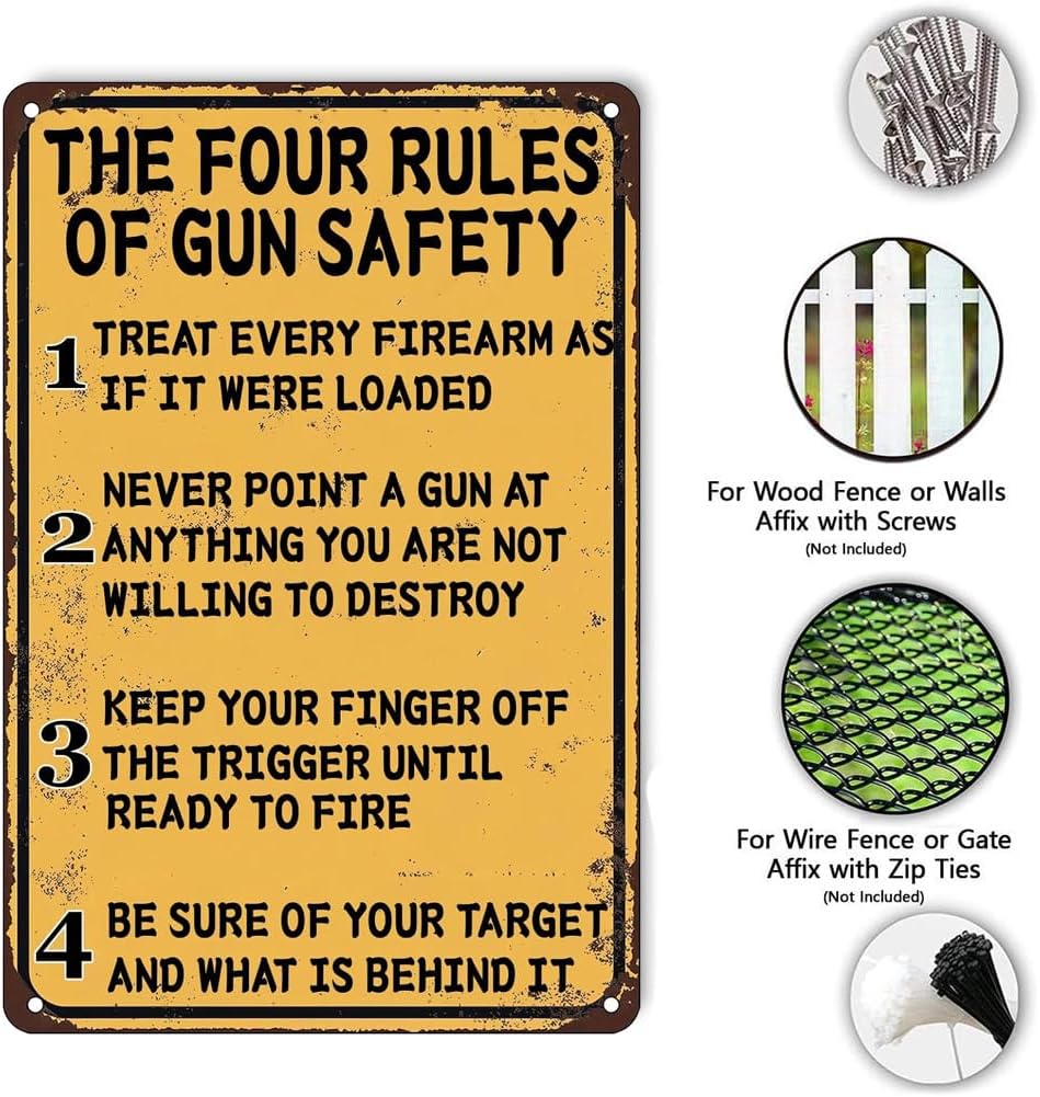 The Four Rules of Gun Safety Vintage Metal Sign Gun Room Decor Rustic Tin Signs Metal Poster for Home Garage Office Bar Cafe Pub Man Cave Gifts 12 x 8 Inch
