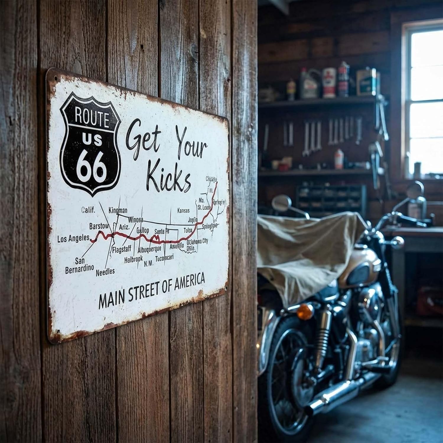 Route 66 Road Signs Vintage Metal Signs Vintage Room Decor Metal Sign Retro Road Sign Tin Decor Sign for Home, Room & Garage Wall Decoration 12× 8 Inches